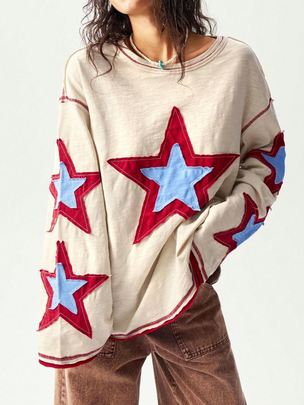 Multicolor Casual Women's Loose Fit Drop Shoulder Round Neck Pullovers - Picture 3 of 6